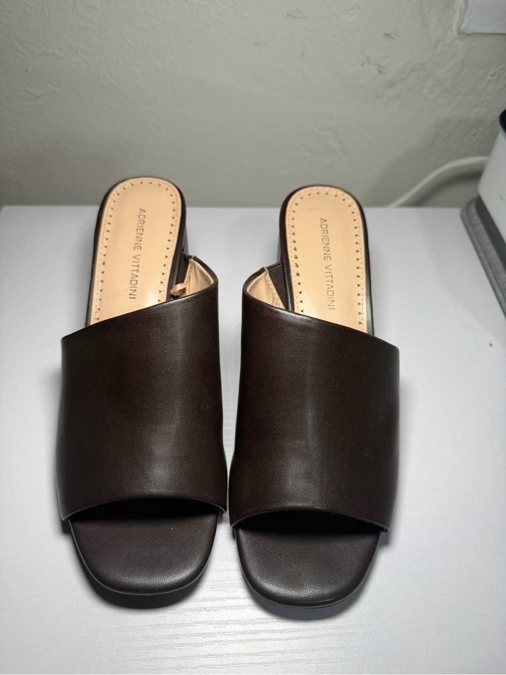 Adrienne Vittadini Dark Brown Leather Open-Toe Mules